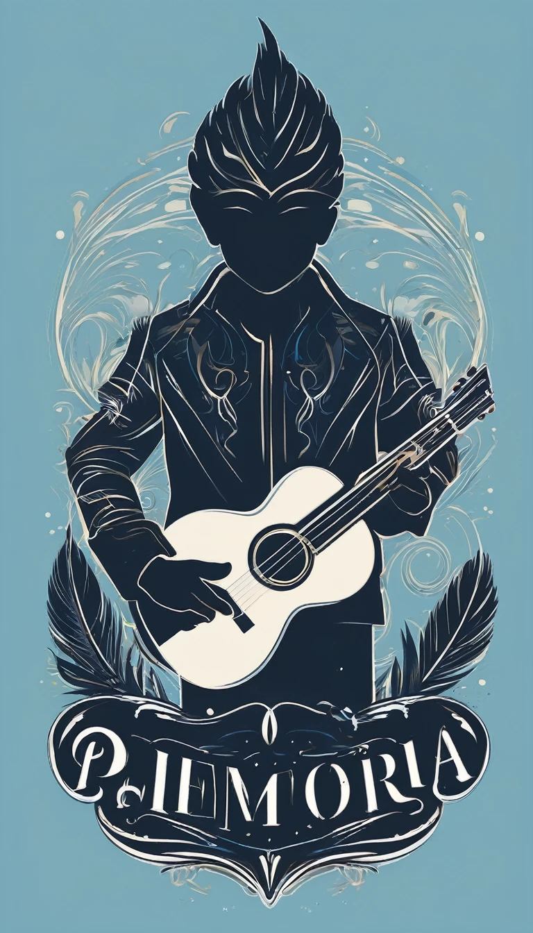 A minimal, modern, simple, cinematic logo design for the brand “Penamemoria". The logo design must be a simple, silhouette of a boy, standing up, playing acoustic guitar and fantasy feather by his side. The logo must convey a sense of music, stories, memories and dreams. Logo design impressed on a book cover. Minimalistic logo. Light blue, white and soft golden as colors for the logo design