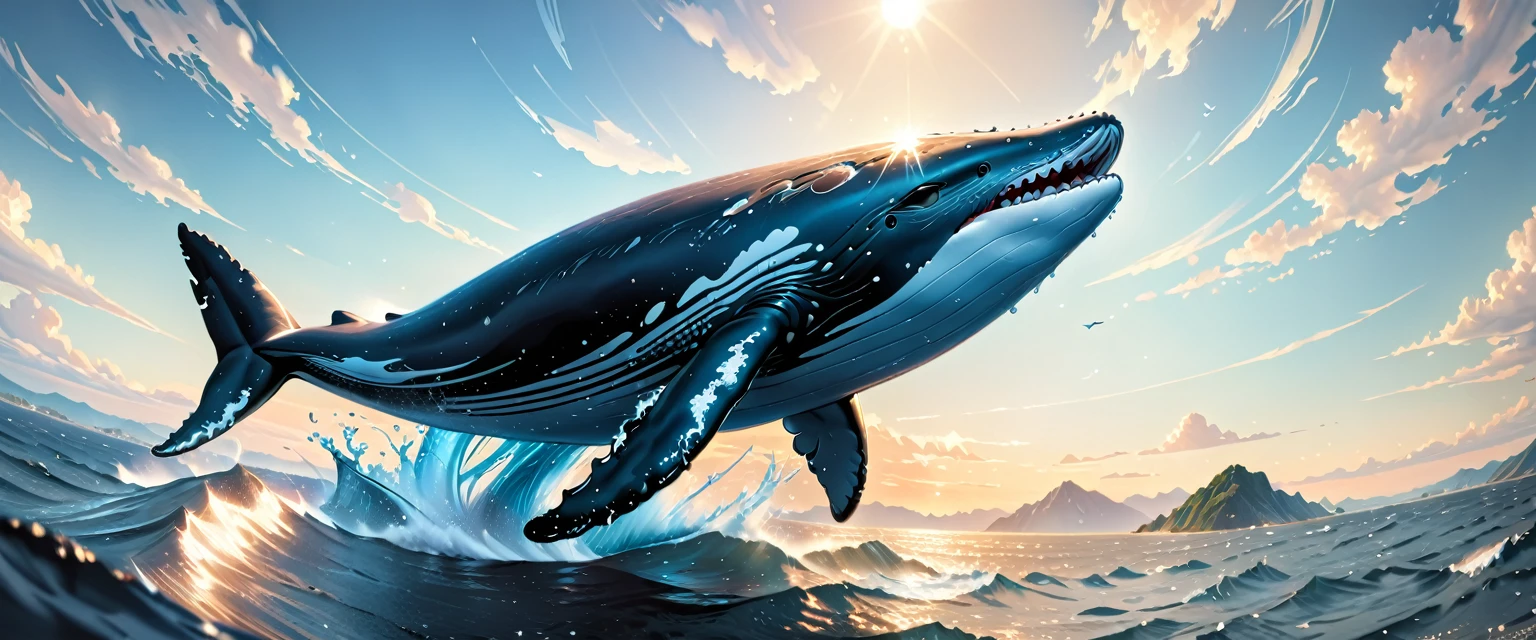 Humpback whale soar high in the sky, (masterpiece:1.2), best quality, high quality, ultra high res, (hyper detailed), absurdres, absolutely resolution,4K, ultra HD, insanely detailed and intricate, high resolution, HDR, aesthetic,