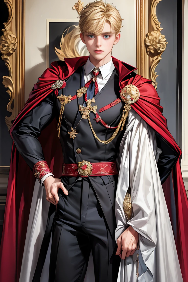 
masterpiece, 最high quality, high quality, 1 boy, alone, Male focus, Watching the audience,  Messy blonde, Adorable big blue eyes, White, Noble, Noble,A sexy, voluminous, puffy cape、vampire、A very voluminous, large, very large, very large, long, long red and black cape with a high stand-up collar, made of a lot of fabric that reaches down to the floor., ************,Cute beautiful boys,Cute, cute, kind, handsome guy