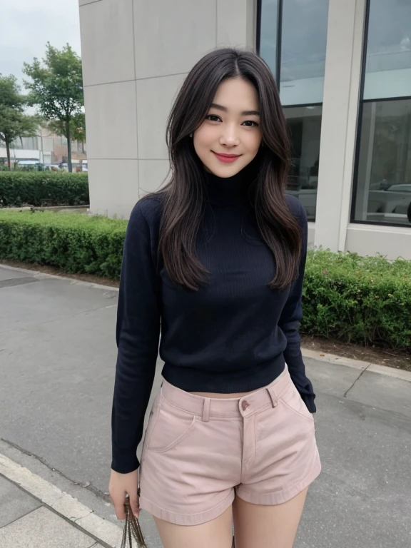 1girl,solo,long hair,looking at viewer,smile,bangs,skirt,brown hair,long sleeves,navel,brown eyes,standing,parted lips,shorts,midriff,nail polish,grin,blurry,sweater,crop top,fingernails,sleeves past wrists,makeup,turtleneck,plant,lipstick,white shorts,realistic,black sweater,cropped sweater 