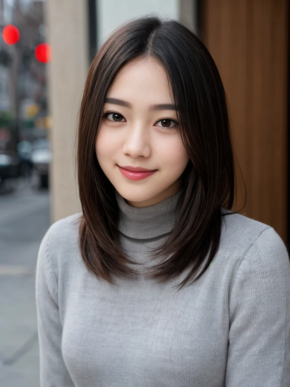 1girl,solo,long hair,looking at viewer,smile,bangs,skirt,brown hair,long sleeves,navel,brown eyes,standing,parted lips,shorts,midriff,nail polish,grin,blurry,sweater,crop top,fingernails,sleeves past wrists,makeup,turtleneck,plant,lipstick,white shorts,realistic,black sweater,cropped sweater 