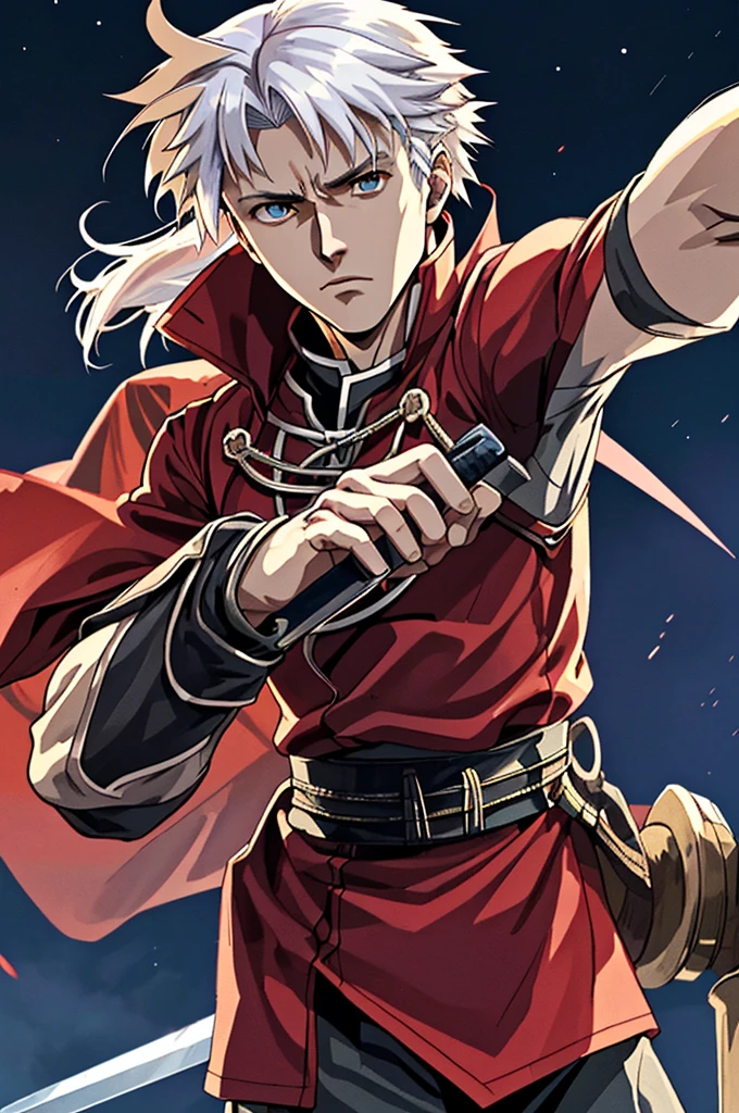 Highest quality,High resolution, ((Fate stay night)) ,(Archer),One person,Martial Artist,Two-Way,(Red_coat),male,One personで,strongest,Anime Style,(white_Hair Color)(Night Sky_background),(Limbs),(Full Finger),(Accurate fingertips), (The finer details), (Super detailed),(Japanese sword:),4K,(high resolution),whole body, (Front angle), Looking at the camera,masterpiece,(Subtle details),(Intricate details),Octane Rendering,(Hyper Detail),