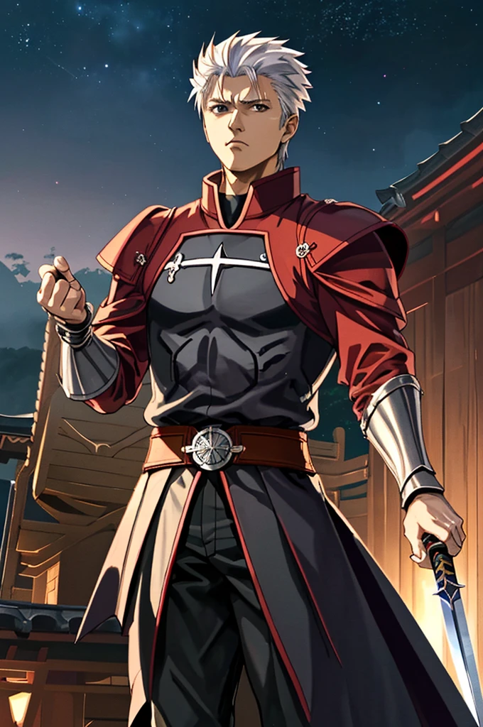 Highest quality,High resolution, ((Fate stay night)) ,(Archer),One person,Martial Artist,Two-Way,(Red_coat),male,One personで,strongest,Anime Style,(white_Hair Color)(Night Sky_background),(Limbs),(Full Finger),(Accurate fingertips), (The finer details), (Super detailed),(Japanese sword:),4K,(high resolution),whole body, (Front angle), Looking at the camera,masterpiece,(Subtle details),(Intricate details),Octane Rendering,(Hyper Detail),