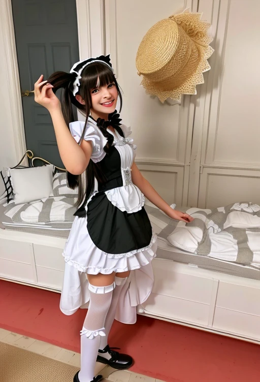 Tween girl dressed in a black and white outfit and a straw hat, gorgeous maid, wearing maid uniform, maid, maid outfit, french maid, maid costume, , maid dress, anime girl in a maid costume, cosplay of a catboy! maid! dress, hot , girl, with black pigtails, hot teen girl,