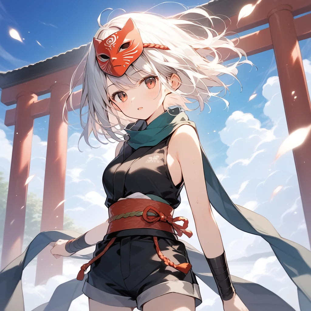 score_9, score_8_up, score_7_up, source_anime, best quality, masterpiece, official art, absurdres, highres, ultra-detailed,waifu2x,Collection: Slice of Life,break,1girl, ninja, noh mask, mask on head, short hair, breasts, beautiful detailed eyes, byke shorts, scarf, sweat, open mouth, expressionless, ninja stance, outdoors, torii,  wind,break,(clear line illustration:1.2), super detailed skin,very high resolution, very aesthetic, Best sexual lighting powered by famous artist, 8k,cute picture,beauty illustration,photoshop_(medium),,(Detailed Lighting),best anime 8k konachan wallpaper, pixiv contest winner, 