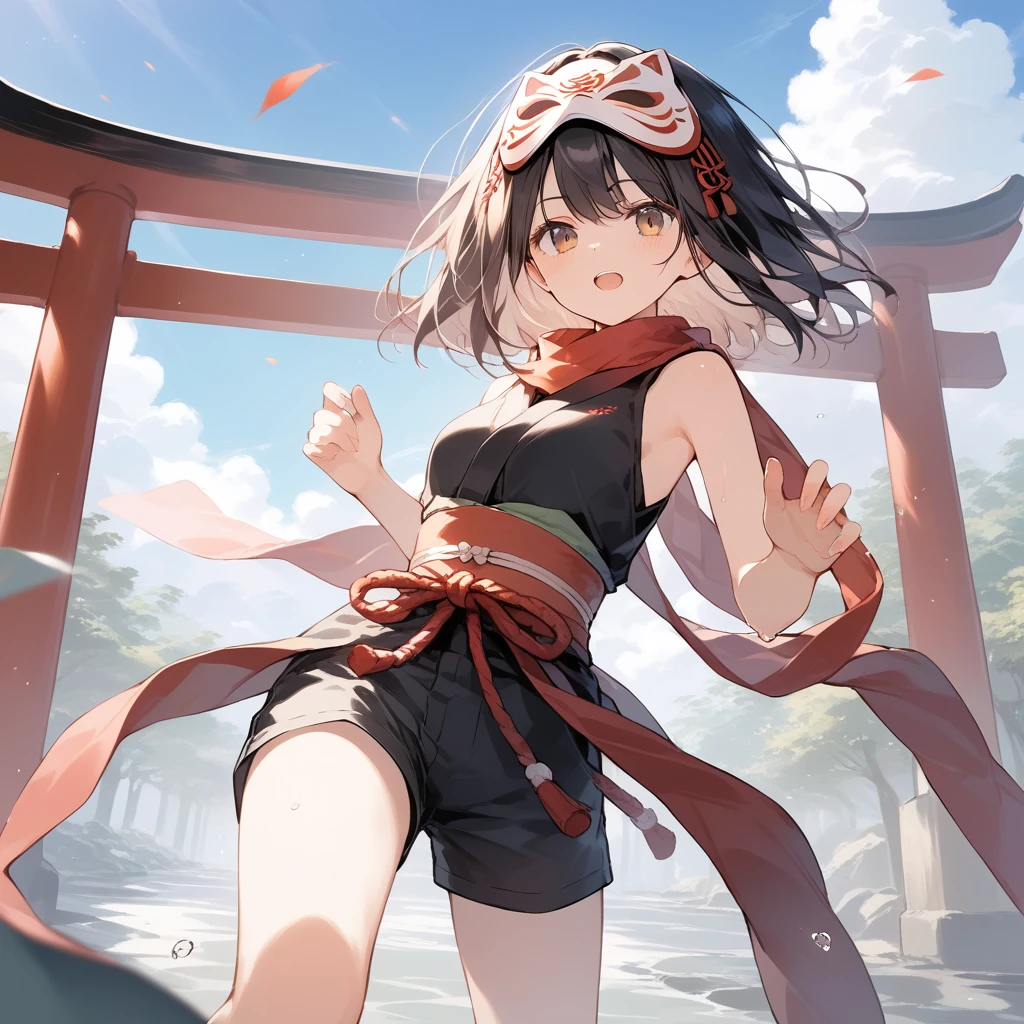 score_9, score_8_up, score_7_up, source_anime, best quality, masterpiece, official art, absurdres, highres, ultra-detailed,waifu2x,Collection: Slice of Life,break,1girl, ninja, noh mask, mask on head, short hair, breasts, beautiful detailed eyes, byke shorts, scarf, sweat, open mouth, expressionless, ninja stance, outdoors, torii, wind,break,(clear line illustration:1.2), super detailed skin,very high resolution, very aesthetic, Best sexual lighting powered by famous artist, 8k,cute picture,beauty illustration,photoshop_(medium),,(Detailed Lighting),best anime 8k konachan wallpaper, pixiv contest winner,