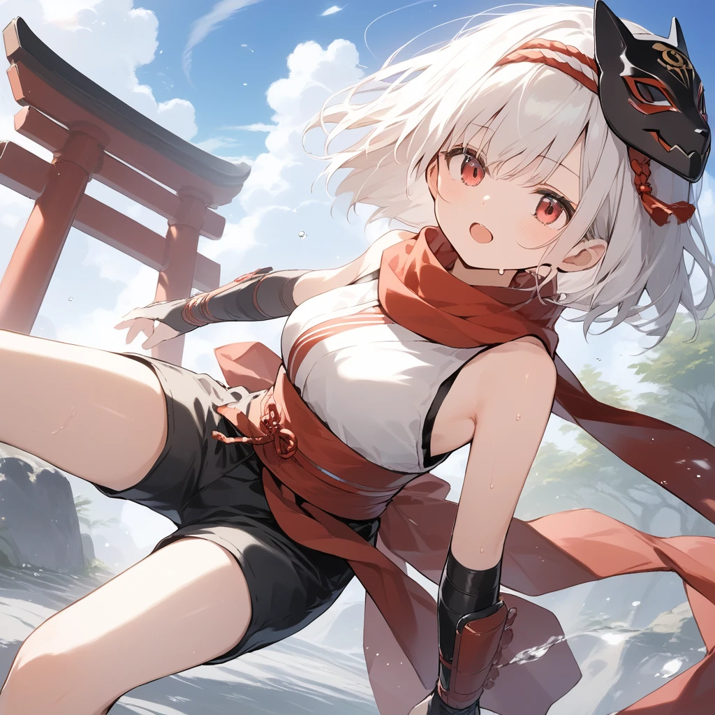score_9, score_8_up, score_7_up, source_anime, best quality, masterpiece, official art, absurdres, highres, ultra-detailed,waifu2x,Collection: Slice of Life,break,1girl, ninja, noh mask, mask on head, short hair, breasts, beautiful detailed eyes, byke shorts, scarf, sweat, open mouth, expressionless, ninja stance, outdoors, torii, wind,break,(clear line illustration:1.2), super detailed skin,very high resolution, very aesthetic, Best sexual lighting powered by famous artist, 8k,cute picture,beauty illustration,photoshop_(medium),,(Detailed Lighting),best anime 8k konachan wallpaper, pixiv contest winner,