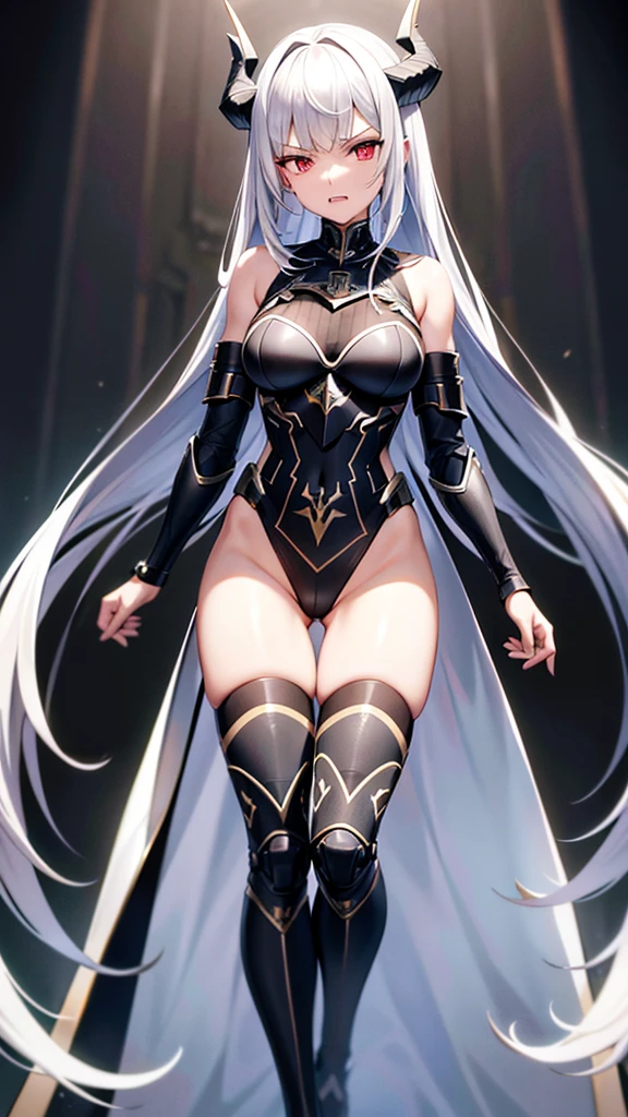 valkyrie armor knight, masterpiece, high quality, 4K, HDR,, Silver hair, long hair, intake hairstyle, blunt bangs, black halo above head, black horns on head, large black tail, large black wings on back, crimson eyes, narrowed eyes, sharp teeth, slightly pointed ears, displeased expression, slightly open mouth, low angle, full body, athletic, toned body, medium 