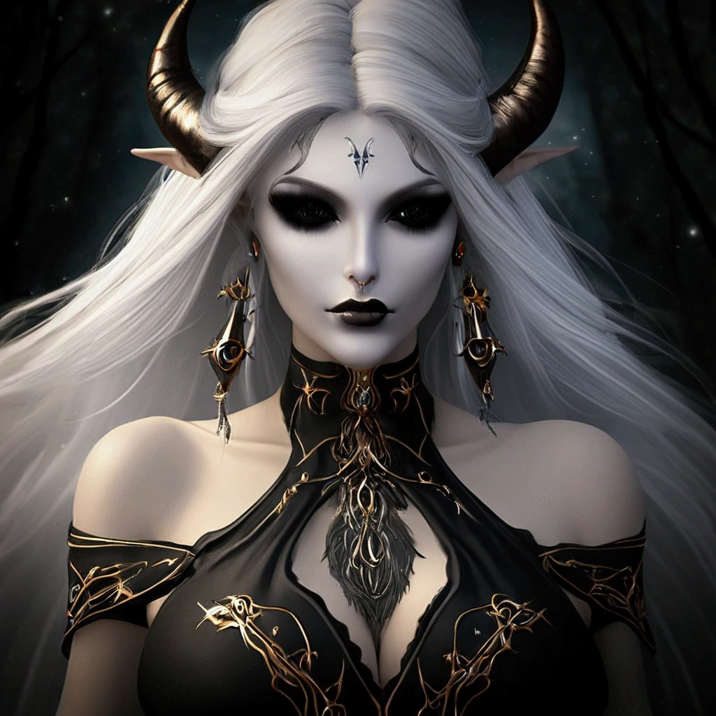 blond woman with horns and a black dress with gold accents, beautiful dark elf countess, white horns queen demon, dark elf princess, beautiful elegant demon queen, dark elf, in style of dark fantasy art, portrait of a dark goddess, dark elf maiden, gothic fantasy art, dark fantasy style art, portrait of a dark fantasy nymph, dark fantasy portrait, dark fantasy art