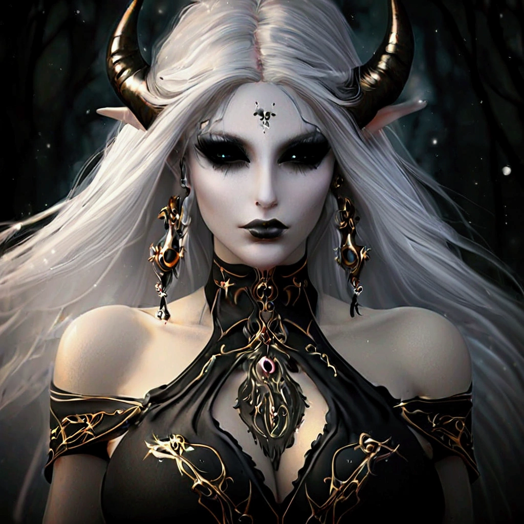 blond woman with horns and a black dress with gold accents, beautiful dark elf countess, white horns queen demon, dark elf princess, beautiful elegant demon queen, dark elf, in style of dark fantasy art, portrait of a dark goddess, dark elf maiden, gothic fantasy art, dark fantasy style art, portrait of a dark fantasy nymph, dark fantasy portrait, dark fantasy art