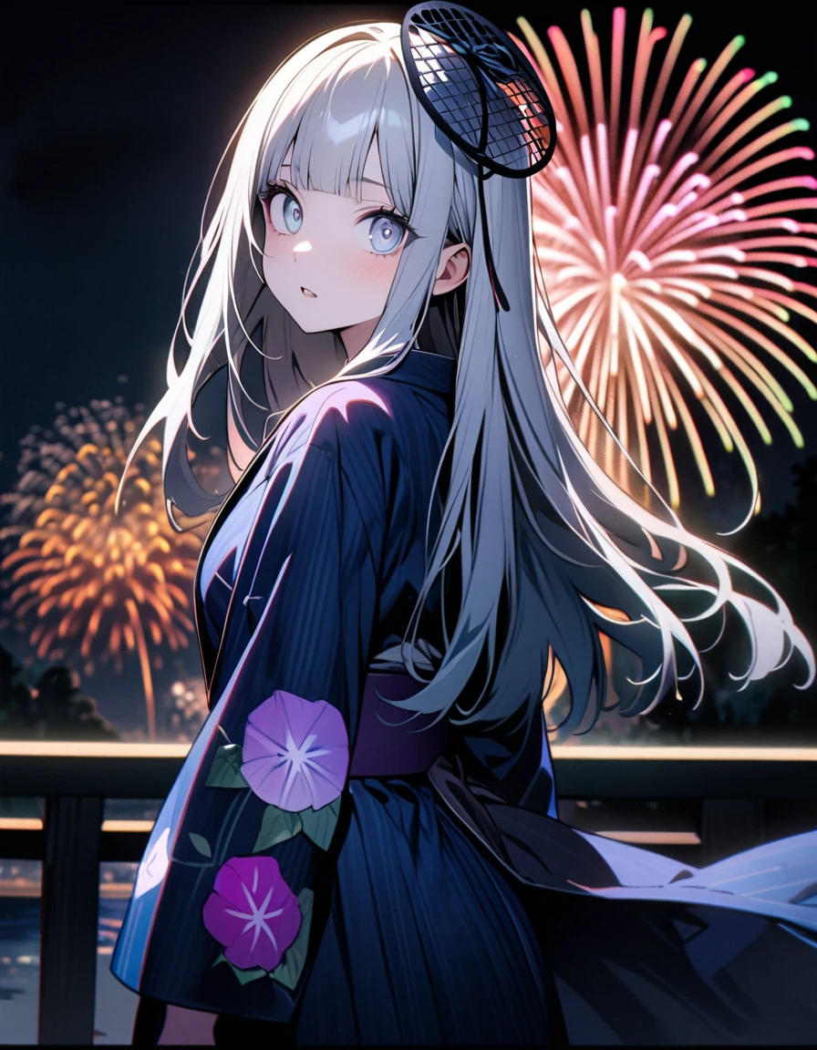 (8K, best quality, master piece: 1.2),super high resolution,1 girl,solo,16yo,ultra-detailed face,detailed eyes,silver eyes,blunt bangs,silver hair,Straight hair,Long hair,pale skin,astonished,(black Fascinator),lash extension,parted lips,BREAK,Morning glory flower pattern navy blue yukata,Japanese clothes,(long sleeve, long hem),cowboy shot,Looking back at the viewer,Giggling,pink rim light,(fireworks shining in the nigh tview)
