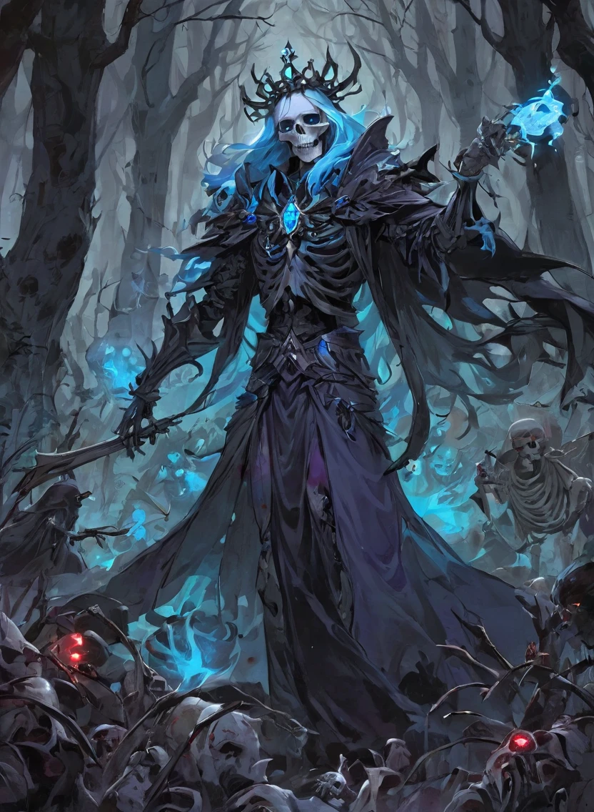 A warlock's patron, an undead king, with glowing blue eyes, in a dark forest, surrounded by a cold, cold color palette, a skeleton army in the background, wearing a bloodstained dress with a blood aura, The flesh is rotting.