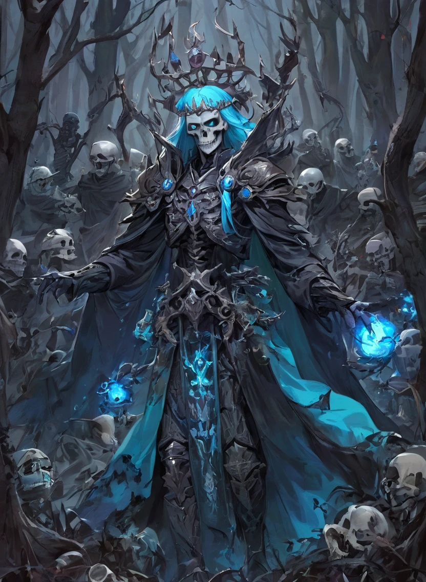 A warlock's patron, an undead king, with glowing blue eyes, in a dark forest, surrounded by a cold, cold color palette, a skeleton army in the background, wearing a bloodstained dress with a blood aura, The flesh is rotting.
