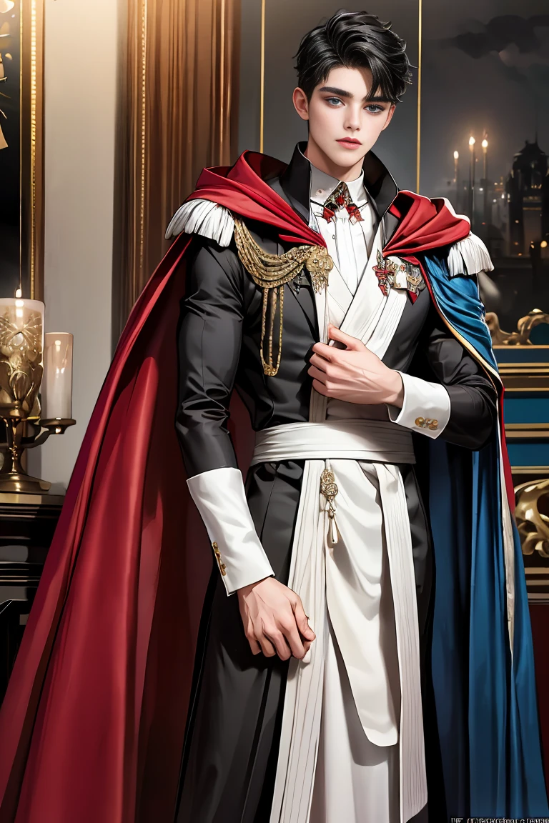 masterpiece, 最high quality, high quality, 1 boy, alone, Male focus, Watching the audience, Messy black hair, Adorable big blue eyes, White, Noble, Noble,A sexy, voluminous, puffy cape、vampire、A very voluminous, large, very large, very large, long, long red and black cape with a high stand-up collar, made of a lot of fabric that reaches down to the floor., 17 years old,Cute beautiful boys,Cute, cute, kind, handsome guy