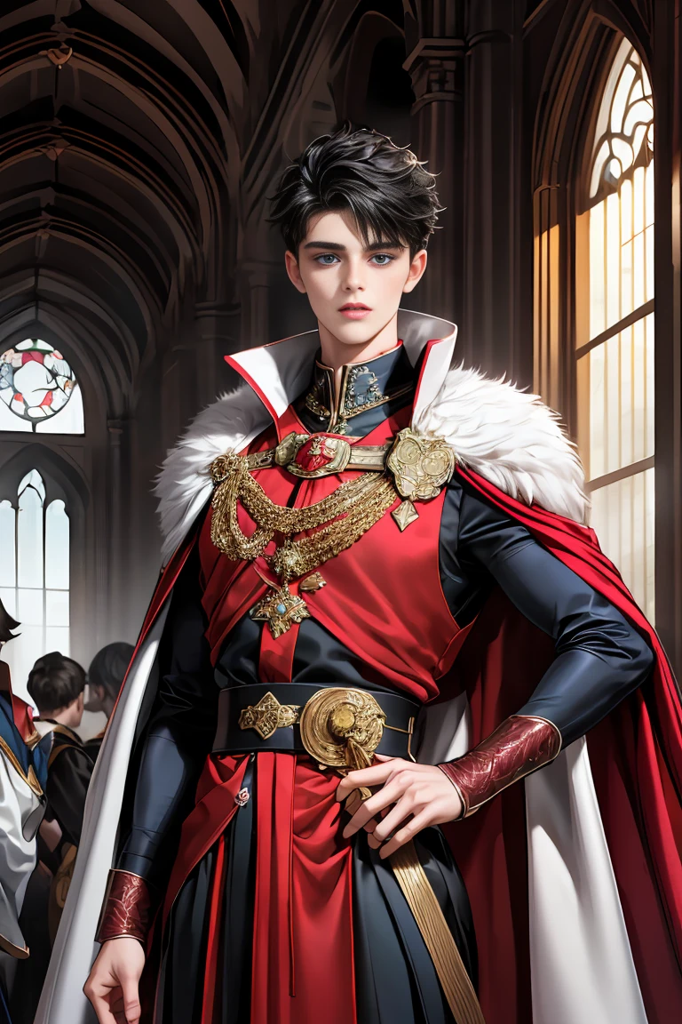 masterpiece, 最high quality, high quality, 1 boy, alone, Male focus, Watching the audience, Messy black hair, Adorable big blue eyes, White, Noble, Noble,A sexy, voluminous, puffy cape、vampire、A very voluminous, large, very large, very large, long, long red and black cape with a high stand-up collar, made of a lot of fabric that reaches down to the floor., ,Cute beautiful boys,Cute, cute, kind, handsome guy