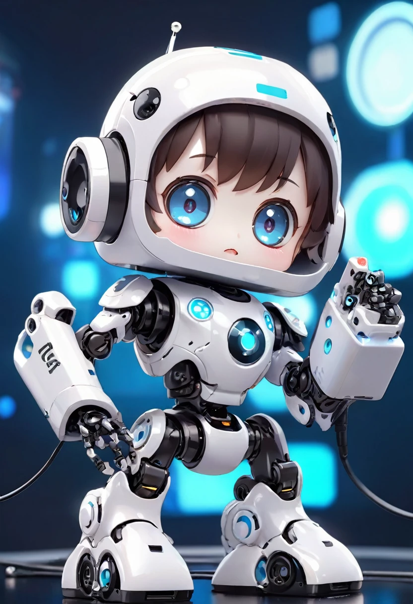 (((Dice-themed robot))), 3D Rendering, Jongsuk Lee, Digital Art, Adorable glowing creatures, Nendoroid-like style, Futuristic Gear Shiny White Armor、A cute robot、Big eyes、antenna、Electronic display panel on chest、Holding the microphone close to his mouth while speaking、((whole body、Background is white))、Are standing
