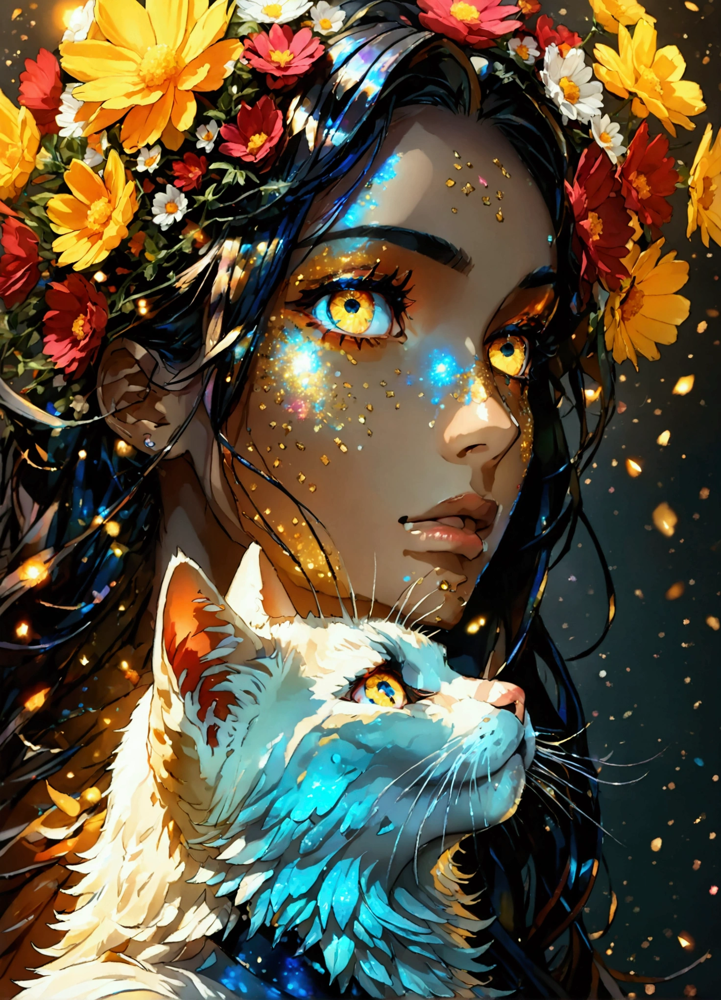 PORTRAIT, only face portrait, macro, a latino battle angel portrait, beautiful white skin with sparkles and glitter, long long hair with red flowers on hair, shiny and lightening eyes, cosmos eyes, next to a cat, highly detailed fur (vectorized) yellow lightening eyes, detailed skin, image is compelling with dynamic composition and energetic posing. Include many fantasy details such as bumps, phantasmal iridescence, glitter, galaxy, cosmos, ((dark celestialskin body, void cosmic body)), (((dark background))), (((lights off))), (((hollywood dark))), horror, dramatic shadows, (in a dark fantasy space:1.3, glitter, sparkle, gleam) vector digital illustration, (black background:1.5)sharp