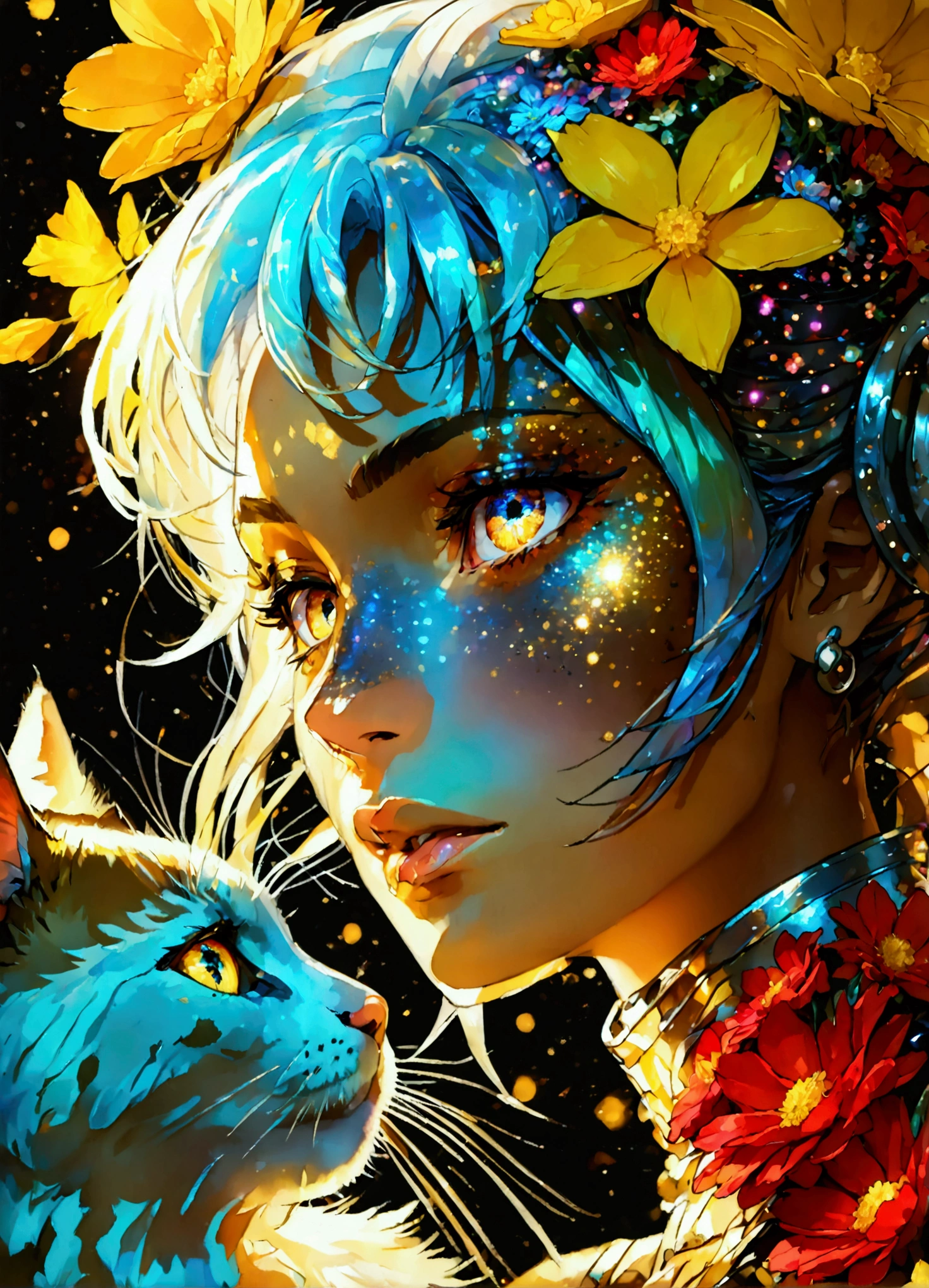 PORTRAIT, only face portrait, macro, a latino battle angel portrait, beautiful white skin with sparkles and glitter, long long hair with red flowers on hair, shiny and lightening eyes, cosmos eyes, next to a cat, highly detailed fur (vectorized) yellow lightening eyes, detailed skin, image is compelling with dynamic composition and energetic posing. Include many fantasy details such as bumps, phantasmal iridescence, glitter, galaxy, cosmos, ((dark celestialskin body, void cosmic body)), (((dark background))), (((lights off))), (((hollywood dark))), horror, dramatic shadows, (in a dark fantasy space:1.3, glitter, sparkle, gleam) vector digital illustration, (black background:1.5)sharp