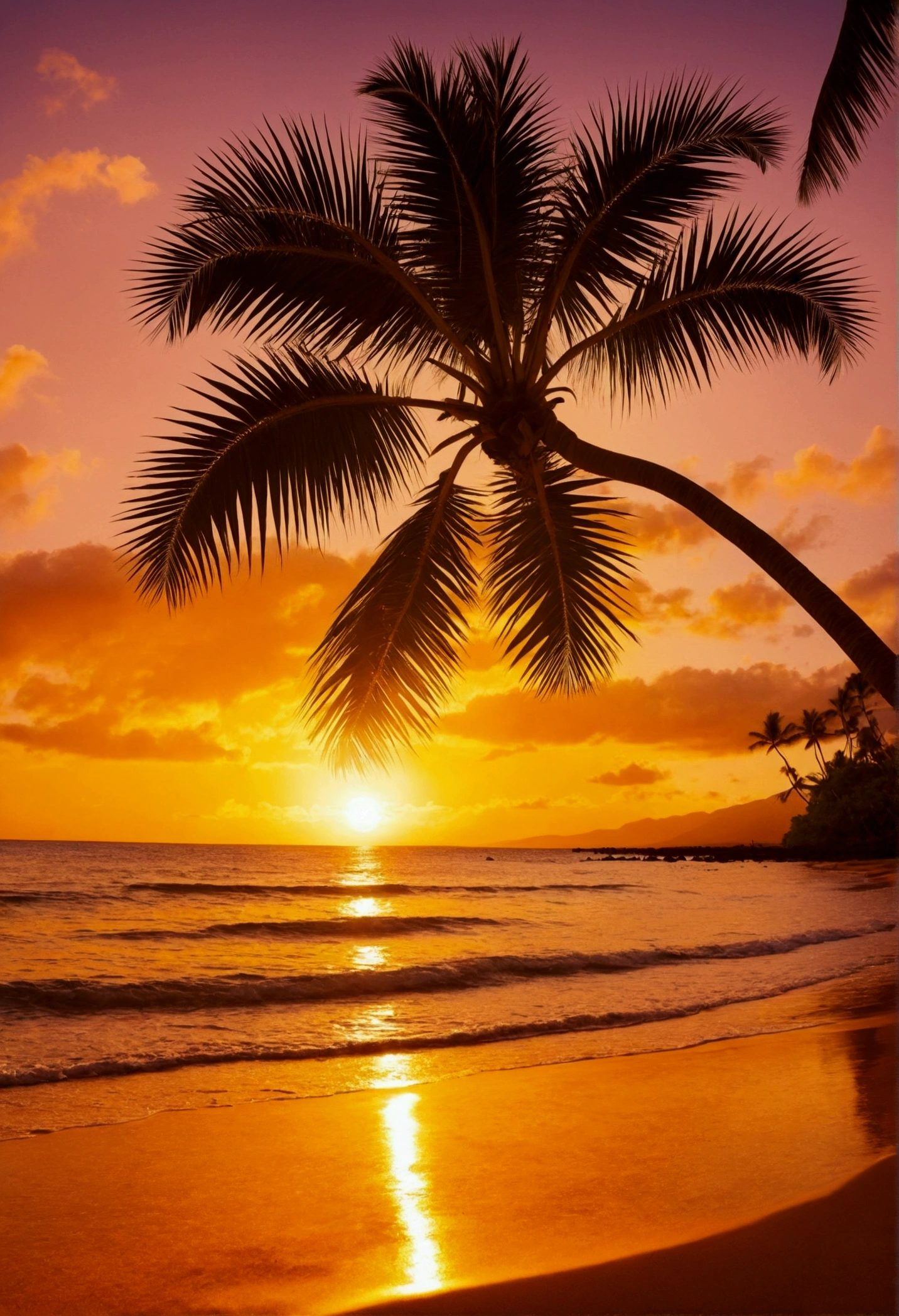 Hawaii Palm grove Wooden boat Blue sky and white clouds on the beach horizontal line