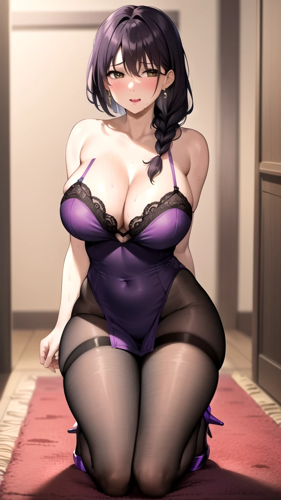 mature beautiful wife，Big breasts，whey，Shy，Face red，The room is dark，Covered in white mucus，Purple lace，Purple lace，stockings，Close eyes，pant，earrings，lipstick，Black Hair，Clothes are thin，side braid，Sweat，Square bite，Black Hair，noble，stockings，High heel，carpet，gold ring on arm，There are wet marks on the thighs