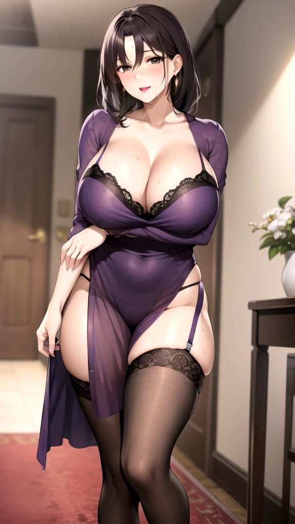 mature beautiful wife，Big breasts，whey，Shy，Face red，The room is dark，Covered in white mucus，Purple lace，Purple lace，stockings，Close eyes，pant，earrings，lipstick，Black Hair，Clothes are thin，side braid，Sweat，Square bite，Black Hair，noble，stockings，High heel，carpet，gold ring on arm，There are wet marks on the thighs