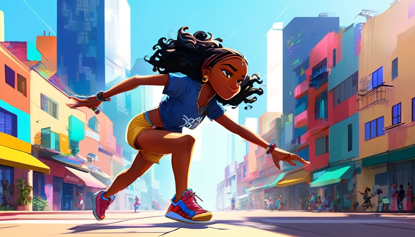 (Gendy Tartakovsky )(By Atey Gairan)
 Flat color concept art of one girl, 
Motion Lines, 
(detailed, Shadow, High Contrast) Textured characters, Digital, dream-like, Fantasy, figure, Manga and Anime, A surreal experience in the heart of a bustling city, A cheerful girl steps out onto a sunlit street, Her movements are exciting and blend with hip-hop rhythms.. Her body is comfortable々and moves accurately, Pulsating to the rhythm of the city, She attracts attention with her energetic dancing.. Each step and gesture is vivid., Spontaneous murals in the city&#39;s vibrant tapestry, Her passion is、Heat up the sidewalks with the energy and creativity of hip hop performances.