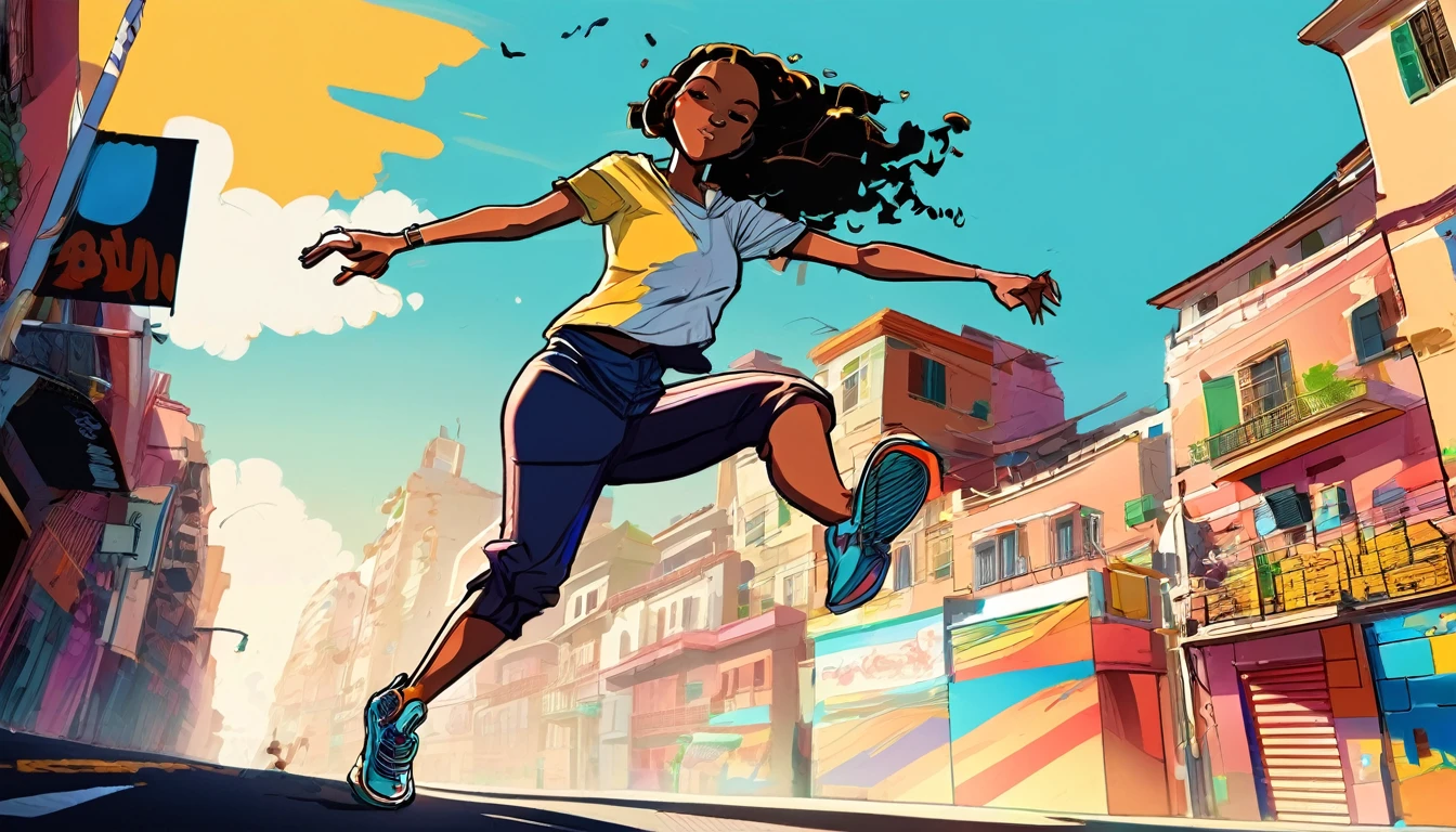 (Gendy Tartakovsky )(By Atey Gairan)
 Flat color concept art of one girl, 
Motion Lines, 
(detailed, Shadow, High Contrast) Textured characters, Digital, dream-like, Fantasy, figure, Manga and Anime, A surreal experience in the heart of a bustling city, A cheerful girl steps out onto a sunlit street, Her movements are exciting and blend with hip-hop rhythms.. Her body is comfortable々and moves accurately, Pulsating to the rhythm of the city, She attracts attention with her energetic dancing.. Each step and gesture is vivid., Spontaneous murals in the city&#39;s vibrant tapestry, Her passion is、Heat up the sidewalks with the energy and creativity of hip hop performances.