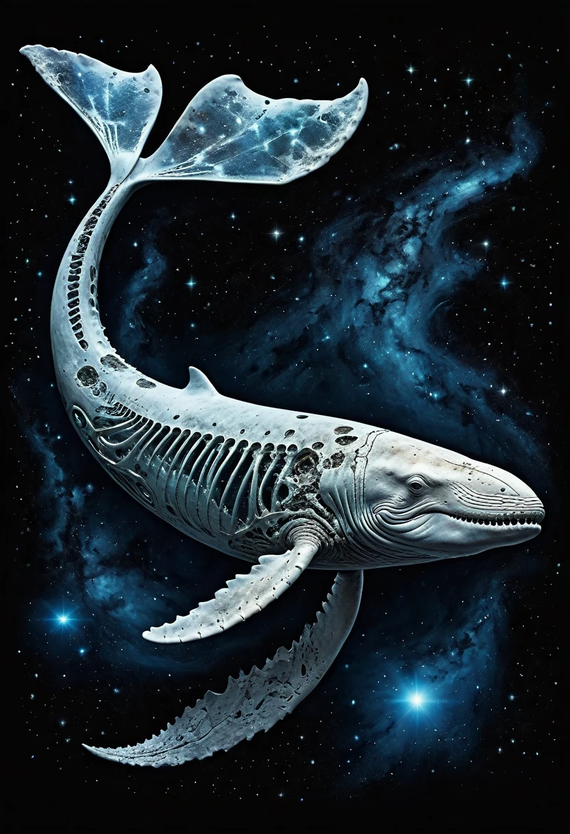 Ultra-realistic whale fossil images, Perfectly formed whale fossil, Flying Skeleton Whale, Fossil of a whale flying in space, Whale bones glow mysteriously white in the darkness, The Earth and the Stars Shine, Dynamic Movement, Squirting is like a nebula