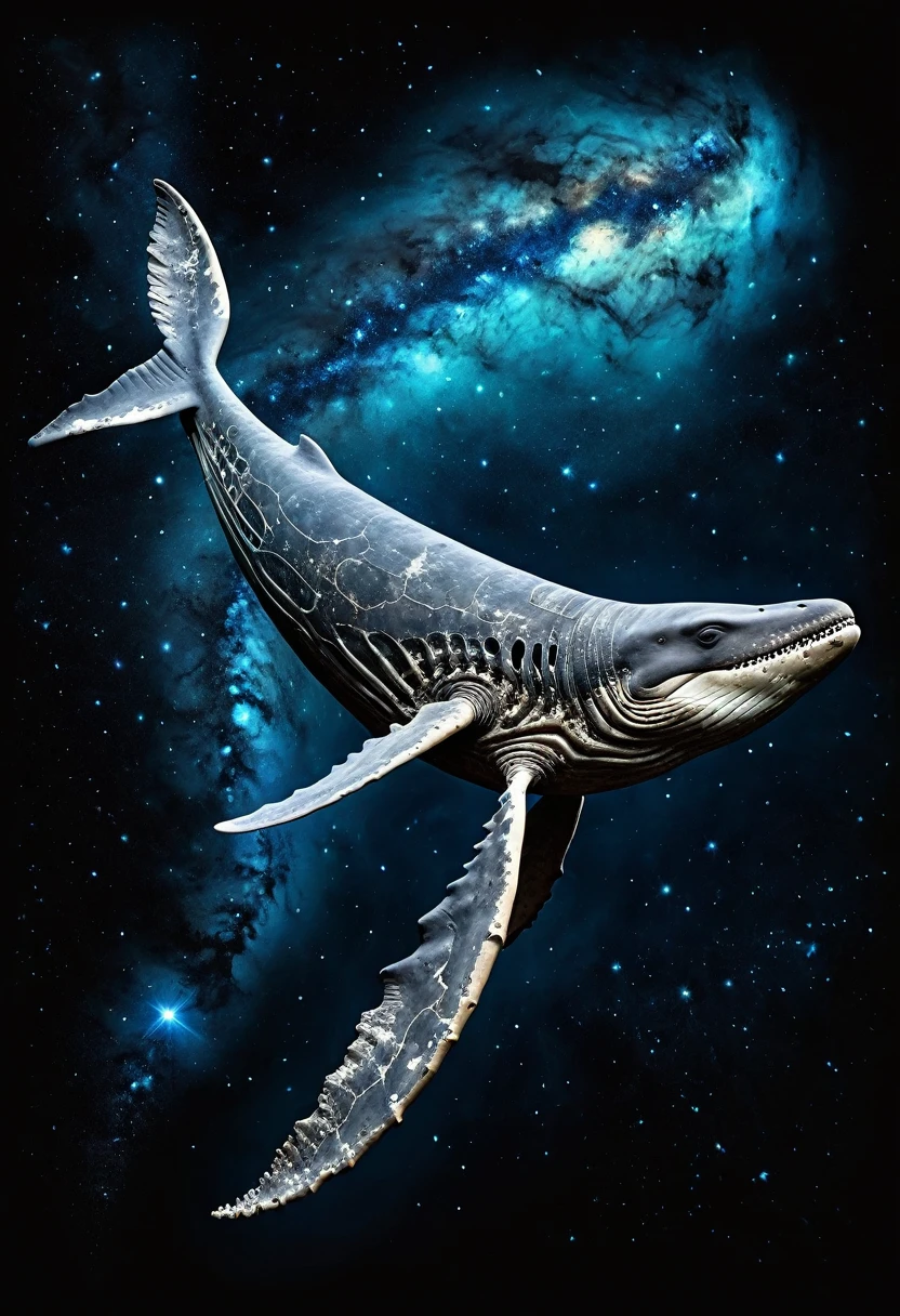 Ultra-realistic whale fossil images, Perfectly formed whale fossil, Flying Skeleton Whale, Fossil of a whale flying in space, Whale bones glow mysteriously white in the darkness, The Earth and the Stars Shine, Dynamic Movement, Squirting is like a nebula