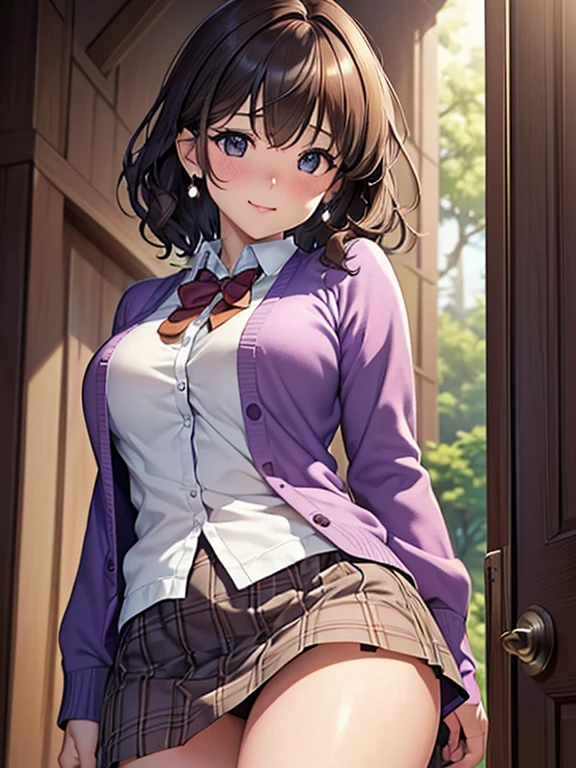 (Highest quality, High resolution,  Masterpiece, 4K), (Soft light、Luster of hair、Beautiful eyes)、young woman、The whole body is visible、Adorable smile、 ((Wavy medium short hair, bangs, Chestnut Hair)), ((Wistful eyes、Gray Eyes, Perfect Eyes)), ((Detailed face, blush:1.1)), ((Smooth texture:0.75, Realistic texture:0.65, Realistic:1.1, Anime CG Style)),Medium chest、Dynamic Angle、A body with just the right amount of flesh、(Sexy thighs、I see beautiful legs)、(Purple cardigan、Checkered Skirt)、Earrings、Angle from the front、Peeking into this、The hem of the top is visible、Angle from below