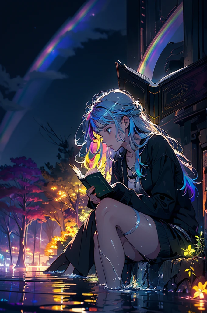 Beautiful woman in profile, Sitting, Crossing your legs, Gray Hair, Long sideburns, Gray Hair, bluish eyes, (((Bare feet in water, Reading a book with black pages, Glowing letters coming out of a book))), Neon flowers and fireflies glowing in the black forest and darkness, {Highly detailed 16K CG unit wallpaper}, Vast landscape photography, (A low-key perspective that focuses on characters and settings), (Wide field view), ( Low angle photo), (highlight: 1.2), (Low Light: 1.7), (Warm light source: 1.2), Intricate details, (Rainbow colors: 1.5), (Bright lighting), (Atmospheric lighting),(Beautiful composition)(colorful),(Anatomically correct)
