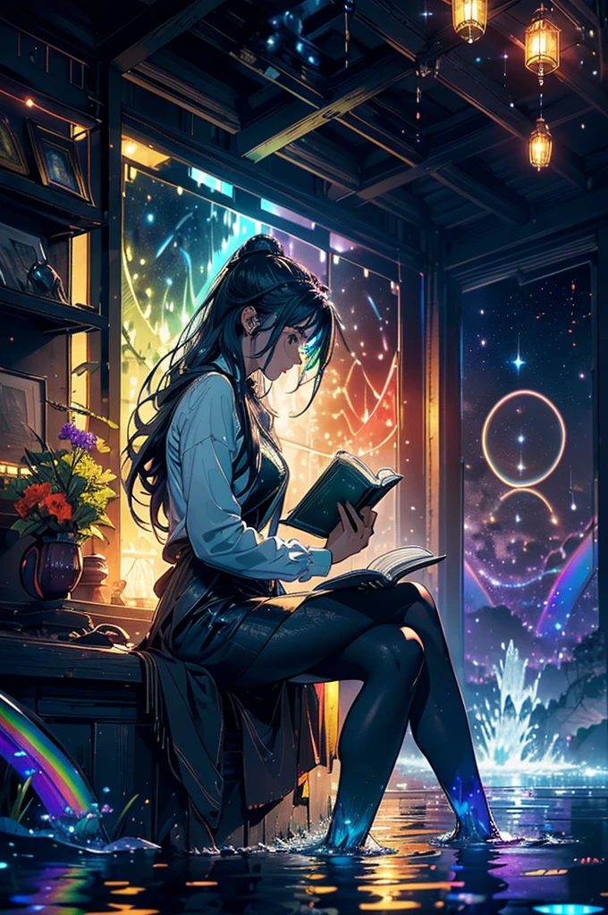 Beautiful woman in profile, Sitting, Crossing your legs, Gray Hair, Long sideburns, Gray Hair, bluish eyes, (((Bare feet in water, Reading a book with black pages, Glowing letters coming out of a book))), Neon flowers and fireflies glowing in the black forest and darkness, {Highly detailed 16K CG unit wallpaper}, Vast landscape photography, (A low-key perspective that focuses on characters and settings), (Wide field view), ( Low angle photo), (highlight: 1.2), (Low Light: 1.7), (Warm light source: 1.2), Intricate details, (Rainbow colors: 1.5), (Bright lighting), (Atmospheric lighting),(Beautiful composition)（colorful）,(Anatomically correct）