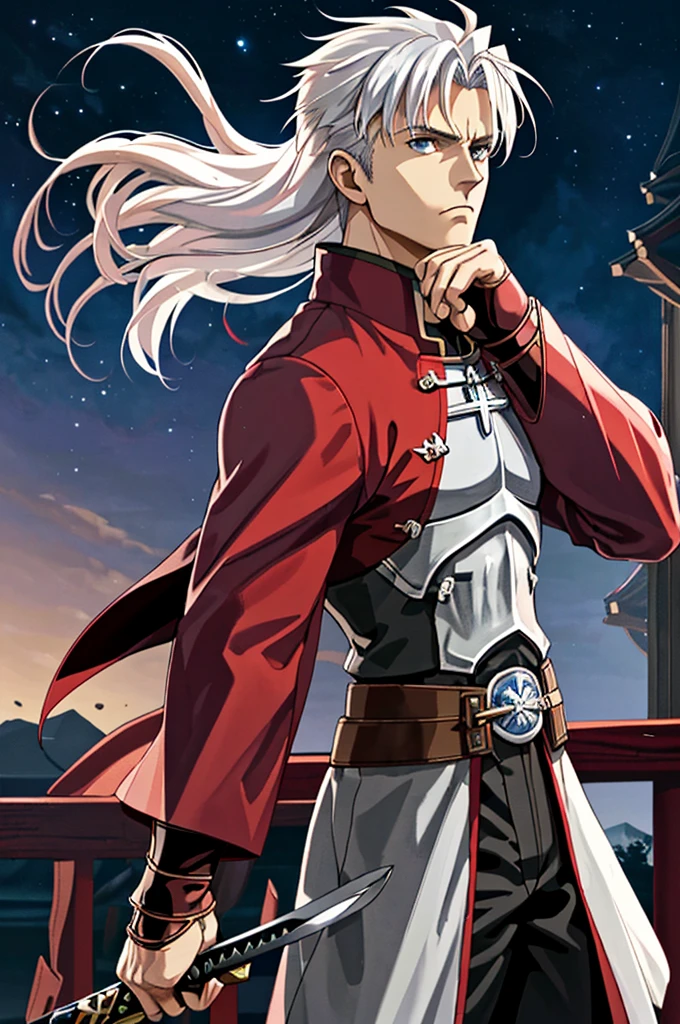 Highest quality，High resolution， ((Fate stay night)) ，（Archer），One person，Martial Artist，Two-Way，（Red_coat），male，One personで，Middle Age，strongest，Anime Style，（white_Hair Color）（Night Sky_background），(Limbs)，(Full Finger)，(Accurate fingertips), (The finer details), (Super detailed)，(Japanese sword:)，4K，(high resolution)，whole body, (Front angle), Looking at the camera,masterpiece，(Subtle details)，(Intricate details)，Octane Rendering，(Hyper Detail)，