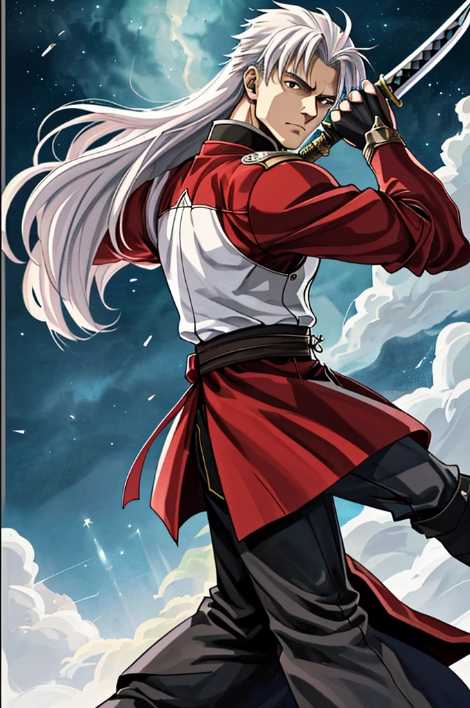 Highest quality，High resolution， ((Fate stay night)) ，（Archer），One person，Martial Artist，Two-Way，（Red_coat），male，One personで，Middle Age，strongest，Anime Style，（white_Hair Color）（Night Sky_background），(Limbs)，(Full Finger)，(Accurate fingertips), (The finer details), (Super detailed)，(Japanese sword:)，4K，(high resolution)，whole body, (Front angle), Looking at the camera,masterpiece，(Subtle details)，(Intricate details)，Octane Rendering，(Hyper Detail)，