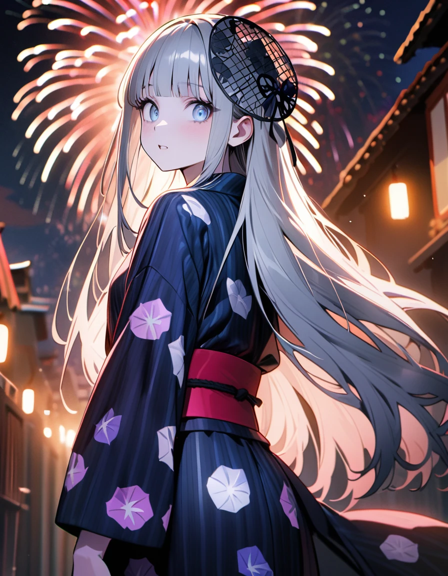 (8K, best quality, master piece: 1.2),super high resolution,1 girl,solo,16yo,ultra-detailed face,detailed eyes,silver eyes,blunt bangs,silver hair,Straight hair,Long hair,pale skin,astonished,(black Fascinator),lash extension,parted lips,BREAK,Morning glory flower pattern navy blue yukata,Japanese clothes,(long sleeve, long hem),cowboy shot,Looking back at the viewer,Giggling,pink rim light,(fireworks shining in the nigh tview)