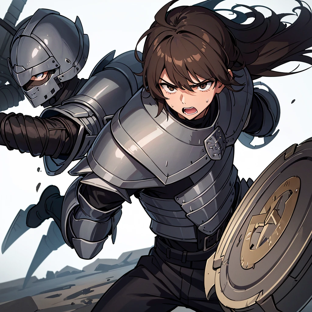 Best illustrations、Best Quality、(have a round shield)、(((Simple grey armor、Black trousers、Black gloveedium Hair、Brown Hair、Plate Armor、20 year old man)))、(((Fighting Pose)))、(Old ruins、desert。Grass)、(Black, muddy swamp)、(Medieval Knight)、(Close your eyes、get annoyed、Open your mouth、Get angry、Sweat)、battlefield、(From below)、(White background)