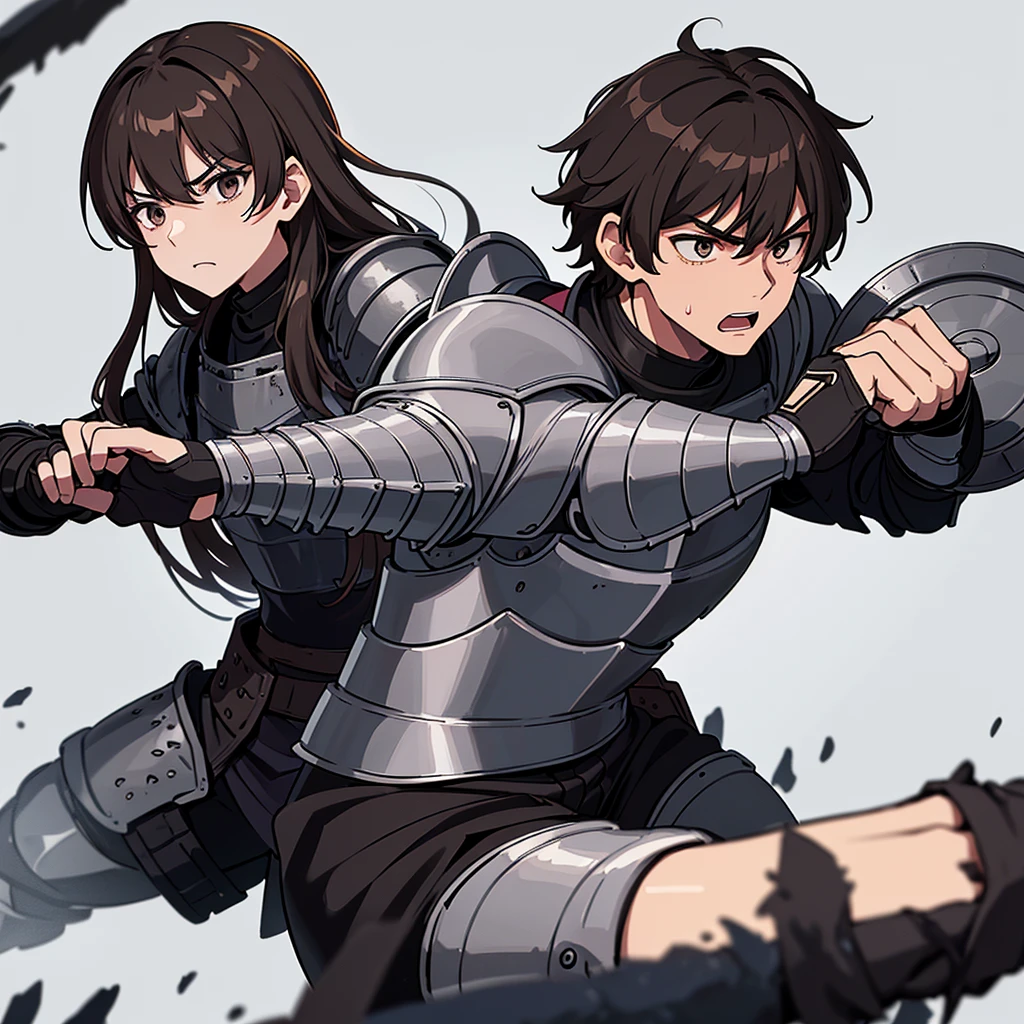 Best illustrations、Best Quality、(have a round shield)、(((Simple grey armor、Black trousers、Black gloveedium Hair、Brown Hair、Plate Armor、20 year old man)))、(((Fighting Pose)))、(Old ruins、desert。Grass)、(Black, muddy swamp)、(Medieval Knight)、(Close your eyes、get annoyed、Open your mouth、Get angry、Sweat)、battlefield、(From below)、(White background)