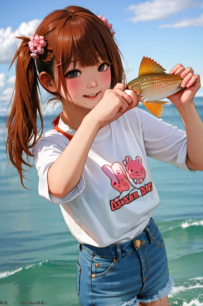 Highest quality、Masterpiece、Japanese girl in bikini holding a fish and a fishing rod、 Young and cute gravure idol 、Denim pants、Shorts、Black snapper、Ocean、So to speak,、Rough seas、blue sky、from the front、They are cheering.、Holding up the fish he caught