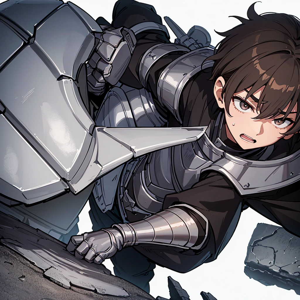 Best illustrations、Best Quality、(have a round shield)、(((Simple grey armor、Black trousers、Black gloveedium Hair、Brown Hair、Plate Armor、20 year old man)))、(((Fighting Pose)))、(Old ruins、desert。Grass)、(Black, muddy swamp)、(Medieval Knight)、(Close your eyes、get annoyed、Open your mouth、Get angry、Sweat)、battlefield、(From above)、(White background)