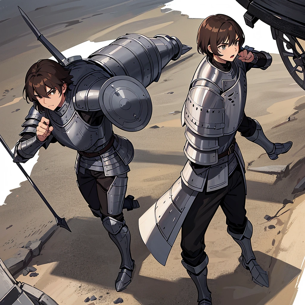 Best illustrations、Best Quality、(have a round shield)、(((Simple grey armor、Black trousers、Black gloveedium Hair、Brown Hair、Plate Armor、20 year old man)))、(((Fighting Pose)))、(Old ruins、desert。Grass)、(Black, muddy swamp)、(Medieval Knight)、(Close your eyes、get annoyed、Open your mouth、Get angry、Sweat)、battlefield、(From above)、(White background)