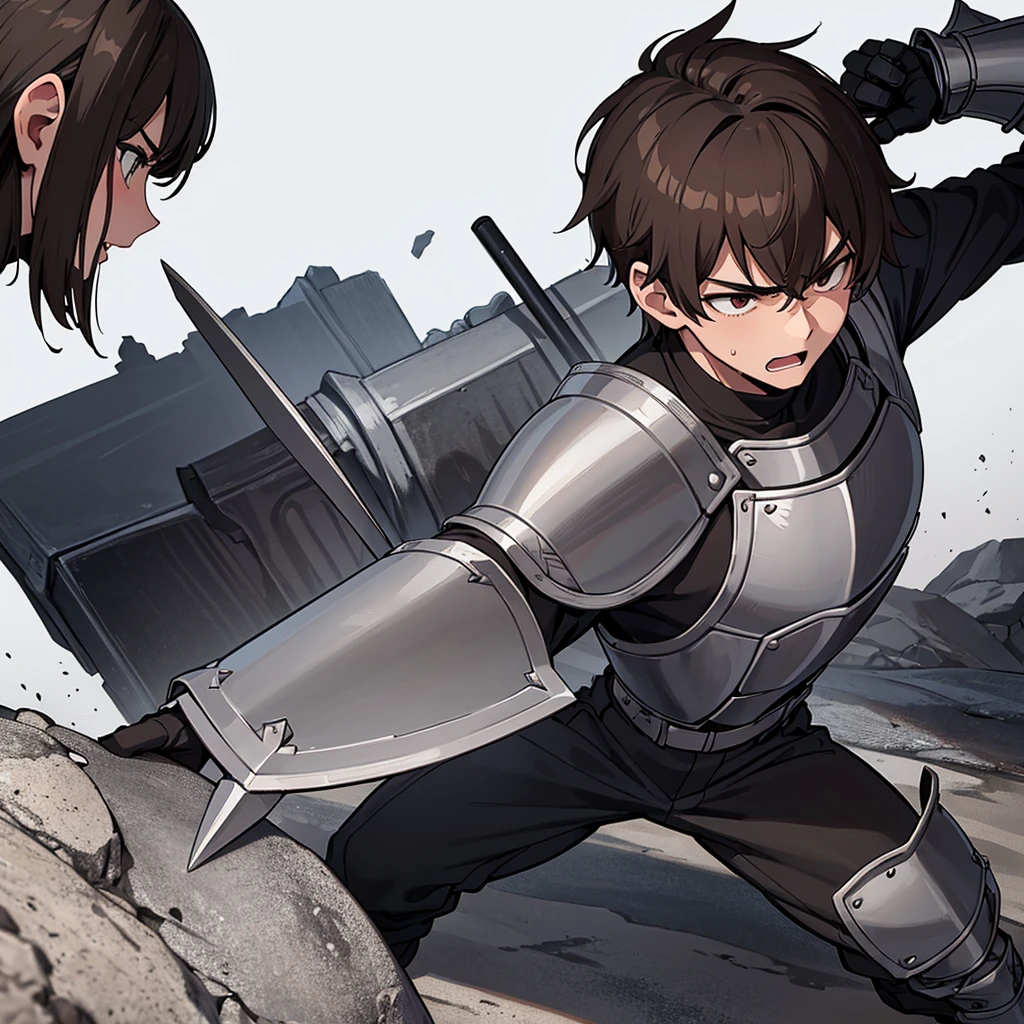 Best illustrations、Best Quality、(have a round shield)、(((Simple grey armor、Black trousers、Black gloveedium Hair、Brown Hair、Plate Armor、20 year old man)))、(((Fighting Pose)))、(Old ruins、desert。Grass)、(Black, muddy swamp)、(Medieval Knight)、(Close your eyes、get annoyed、Open your mouth、Get angry、Sweat)、battlefield、(From above)、(White background)