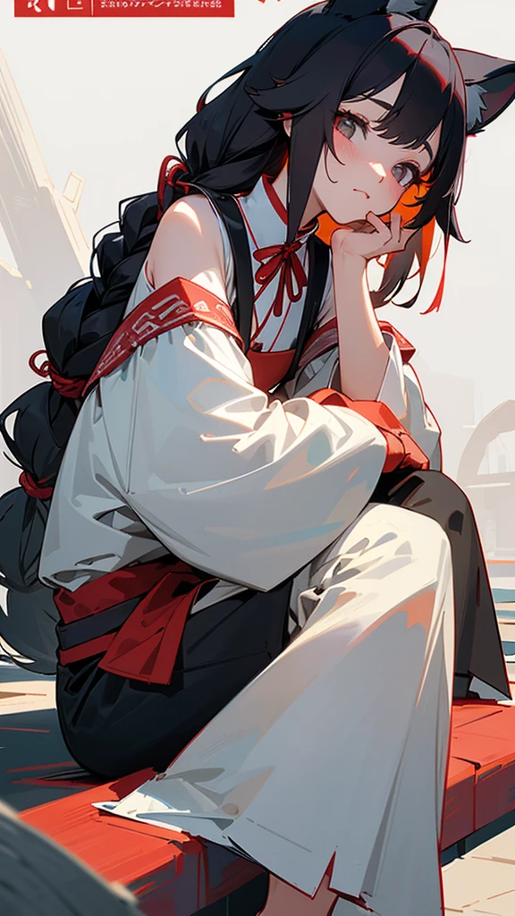 A fox girl image:Work clothes,new Chinese style;Everyday wear,Try various modern styles。Hair color: granny gray,White。Big fox ears in front of the morning(Refer to the current Daling avatar),Human ears covered by hair and red braided rope,Appears as a hair tie、Work performance is post-production、Daily performance is side braid、The fox is represented as a collar,The arms, shoulders and neck have technological patterns。Holding a compass in both hands。Weird and funny words;Low sense of humor in communication;Expressing chatterbox,Easy to immerse yourself;Comprehension is a bit funny,Because we are exploring modern human society。,The background is antique,Sitting reclined on the lower left