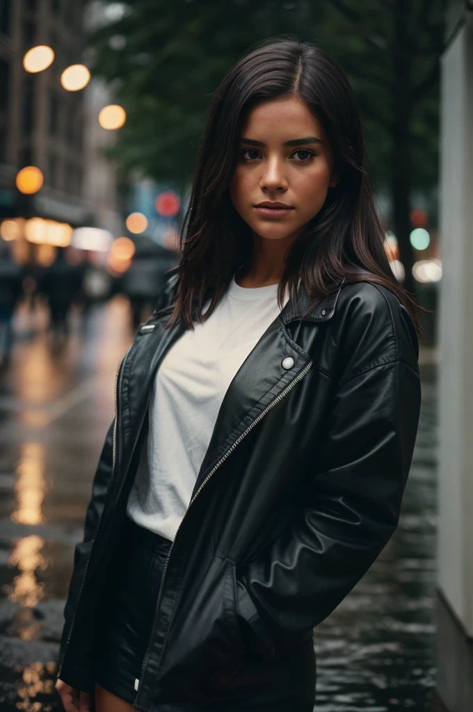 cinematic film still of film grain:1.5 sharp detailed image of a Medium shot of a girl partially covered in shadows in a black jacket standing in the rain staring at camera with dim light on Kodak Vision3 500T Film Stock Footage Style, shallow depth of field, vignette, highly detailed, high budget, bokeh, cinemascope, moody, epic, gorgeous, film grain, grainy