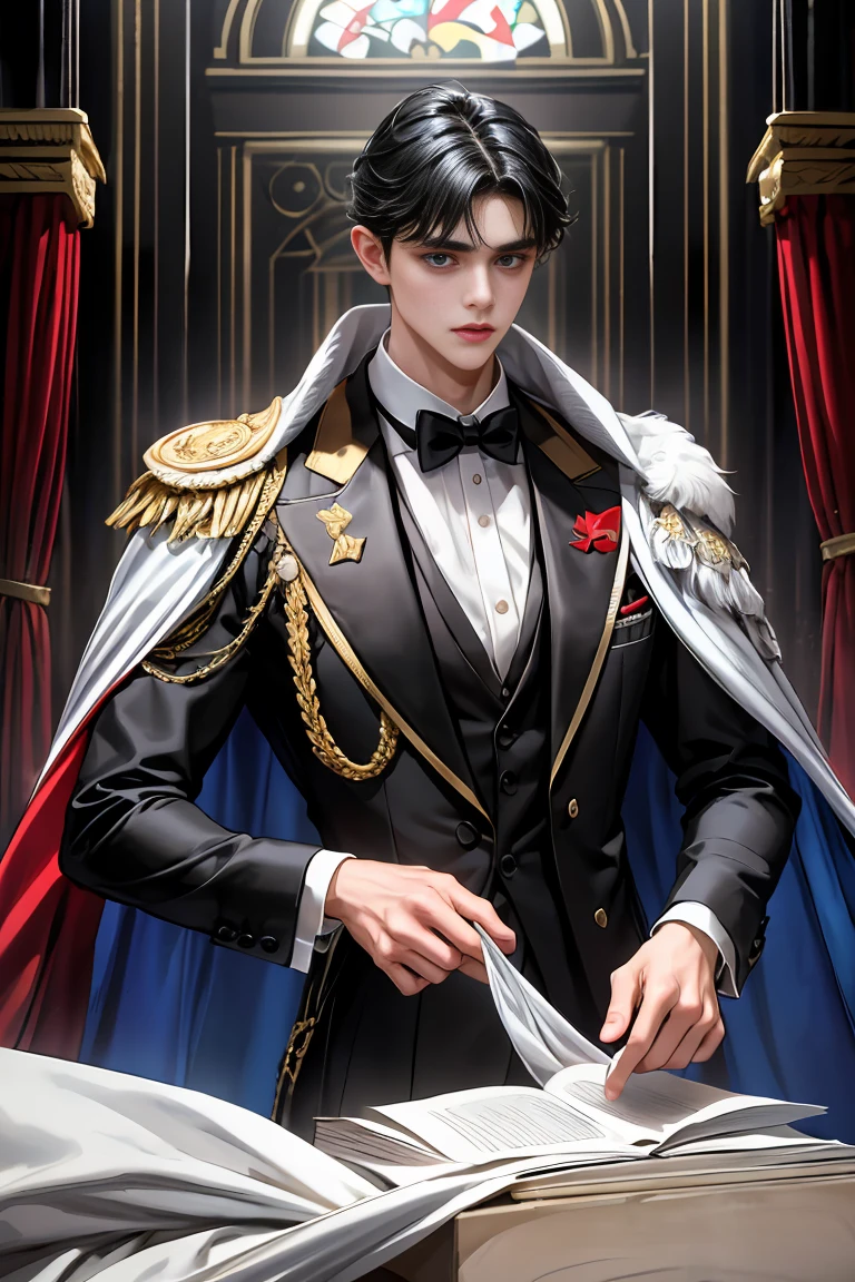 masterpiece, 最high quality, high quality, 1 boy, alone, Male focus, Watching the audience, Messy black hair, Adorable big blue eyes, White, Noble, Noble,Sexy voluminous cape、tuxedo、vampire、A very voluminous red and black cape with a high stand-up collar, very voluminous, very big, very big, very long, reaching down to the floor, made of a lot of fabric., ,Cute beautiful boys,Cute, cute, kind, handsome guy