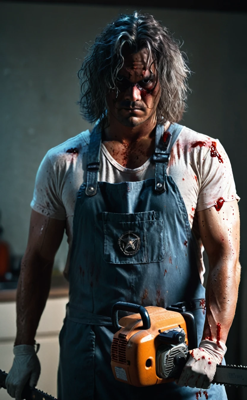 Texas Background、Aggressive pose、８ｋ、Dark fantasy、murderer、Shaggy hair、Texas Chainsaw、Ed Gain、Strong body、Fat body、apron、blood droplets、Holding a chainsaw with both hands、Give the viewer a malicious look, Grabbing Viewer, For the viewer,Shallow depth of field, Vignette, Very detailed, High budget, Bokeh, CinemaScope, Sulky, amazing, nice, Film Grain, granular . Creepy, Anxious, dark, Creepyな, Suspenseful, strict, Very detailed