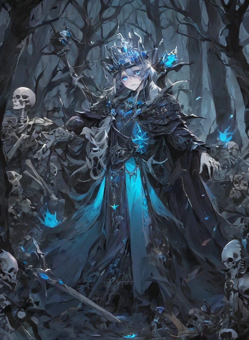 A warlock's patron, an undead king, with glowing blue eyes, in a dark forest, surrounded by a cold, cold color palette, a skeleton army in the background, wearing a bloodstained dress with a blood aura, The flesh is rotting.
