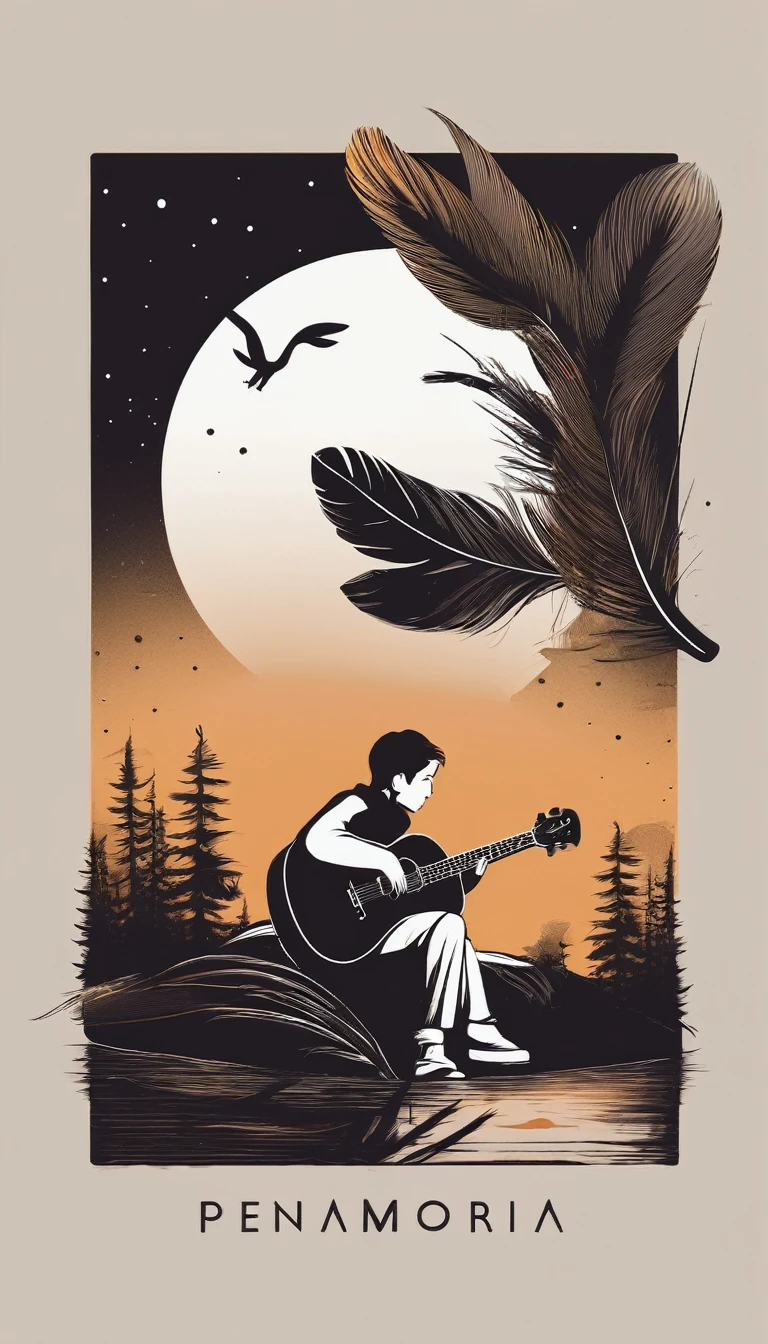A minimal, modern, simple, cinematic logo design for the brand “Penamemoria". Create a modern, minimalistic, poetic, dreamy, storytelling high-quality, logo of a boy sitting and playing acoustic guitar to a feather