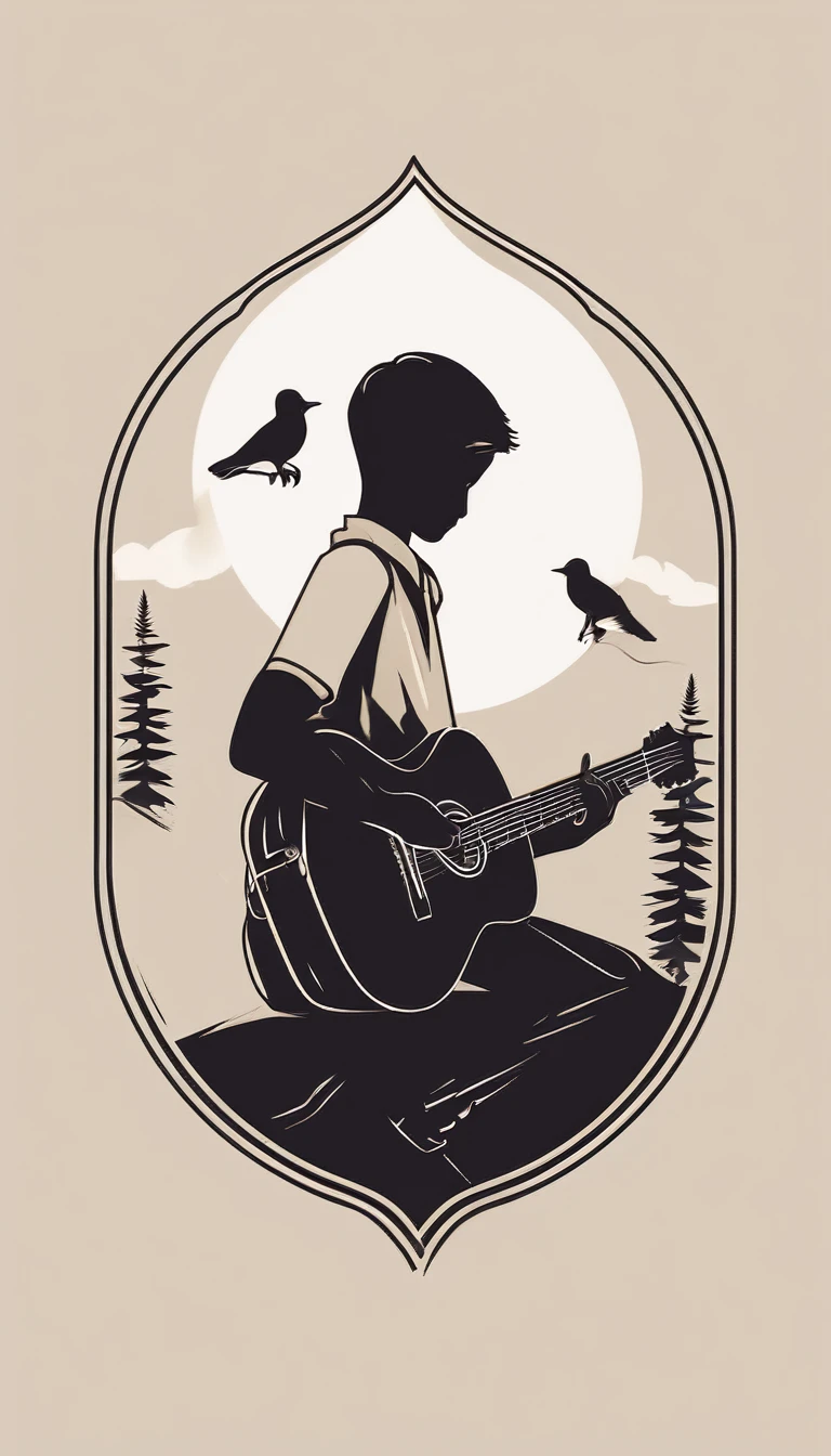A minimal, modern, simple, cinematic logo design for the brand “Penamemoria". Create a modern, minimalistic, poetic, dreamy, storytelling high-quality, logo of a boy sitting and playing acoustic guitar to a feather