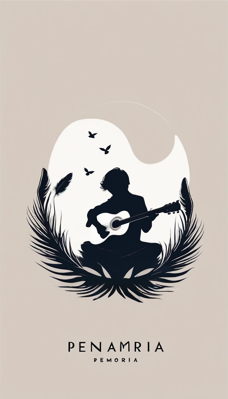 A minimal, modern, simple, cinematic logo design for the brand “Penamemoria". Create a modern, minimalistic, poetic, dreamy, storytelling high-quality, logo of a boy sitting and playing acoustic guitar to a feather