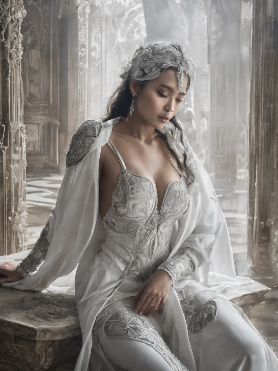 RAW Photograph, 35mm, (((masterpiece))),(((ultra realistic photo))),(ultra photorealism))),(((best picturel))),medium closeup of a beautiful white skin Indonesian Woman,(knocked out, unconscious asleep,body lying naturally on the ground floors of the palace), age 47(looks naturally like age 27), height 176cm, 36-24-36 body ratio, small round breasts, slim abs, perfect realistic body and hands, long black 1.5 meter hair, woman wearing futuristic elegantly white royal gothic style dress(open chest, revealing, crotchless, open thighs, no underwear), long cape, hand gloves, high thigh boots, detailed skin with visible pores, high intricate details, (((amazing composition))), in futuristic white theme palace, futuristic spaceship era, ((((Royo, Giger))),(((8k)))